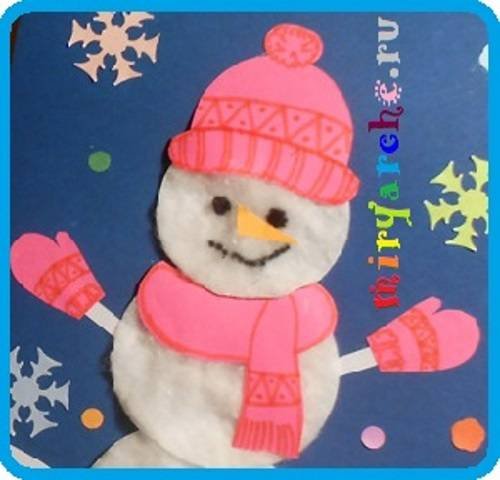Новогодняя открытка Снеговик из ватных дисков