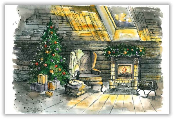 Новый год акварель камин
