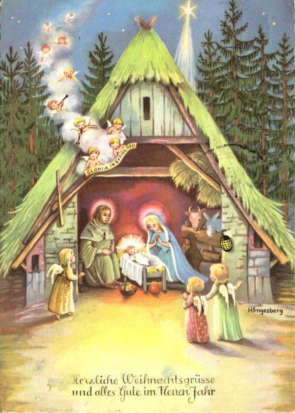 Старинная Рождественская открытка с вертепом