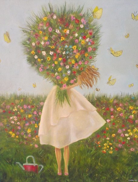 Девочка с охапкой цветов