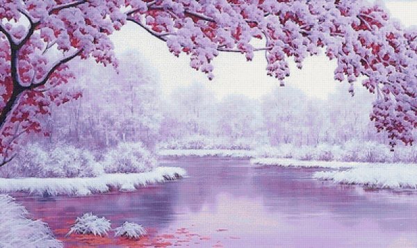 Зимний пейзаж в сиреневых тонах