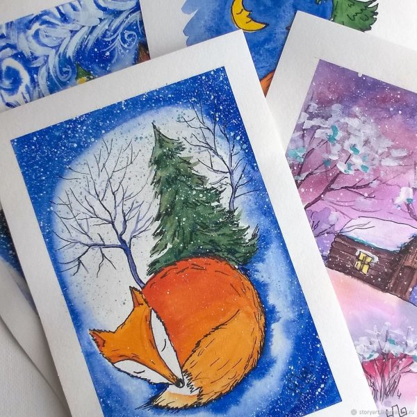 Идеи новогодних открыток акварелью