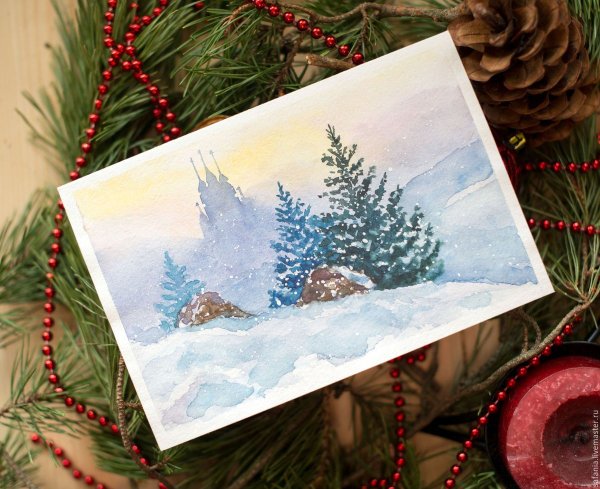 Открытки на новый год акварелью