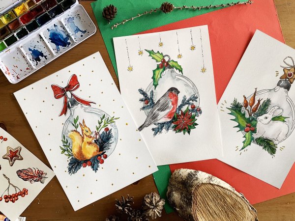 Акварельные открытки на новый год