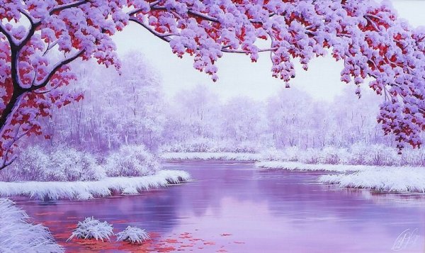 Зимний пейзаж в сиреневых тонах