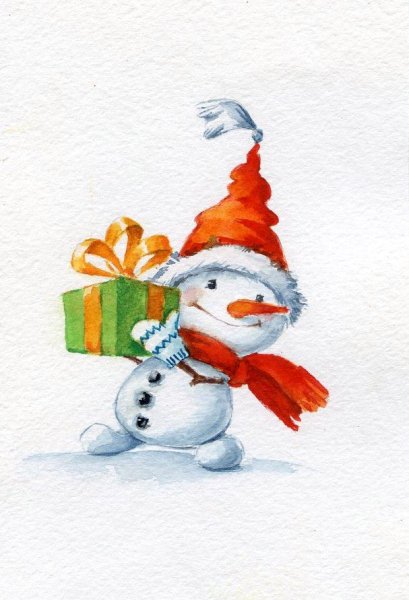 Новогодний Снеговик акварель