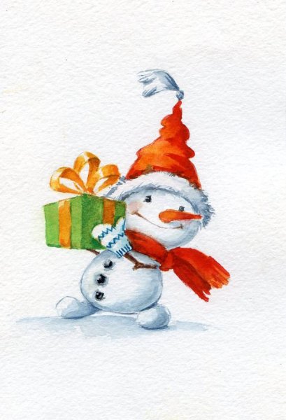 Новогодний Снеговик акварель