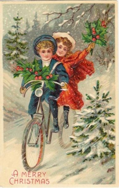 Новогодние ретро открытка с детьми в машине