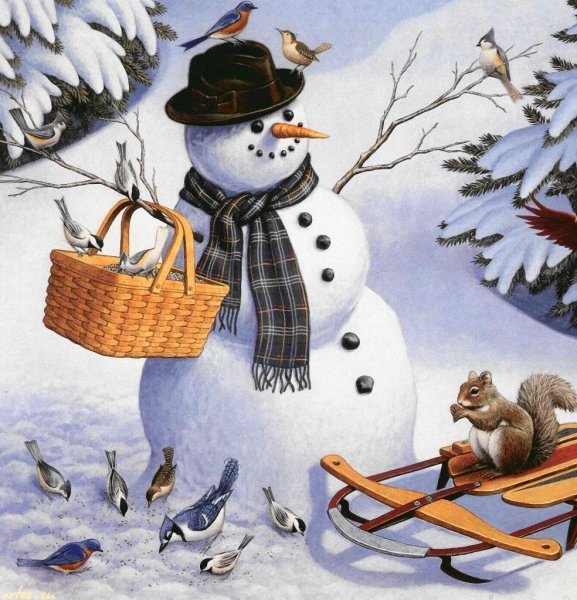 Зимний пейзаж со снеговиком