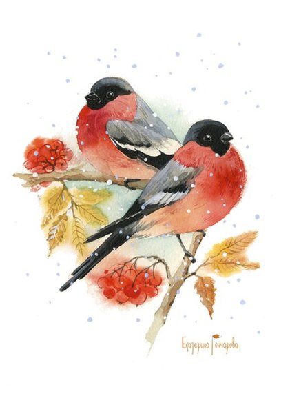 Советские открытки со снегирями