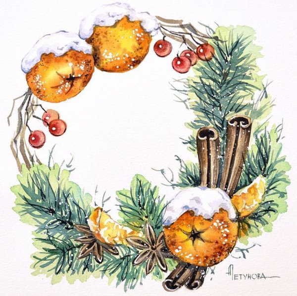 Рождественский венок акварель