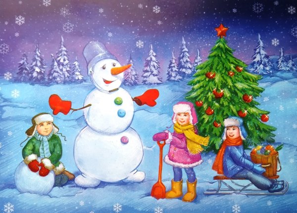 Новогодняя открытка СССР дети Снеговик