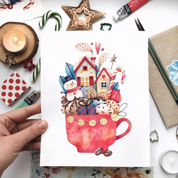 Новогодняя открытка акварелью скетчинг