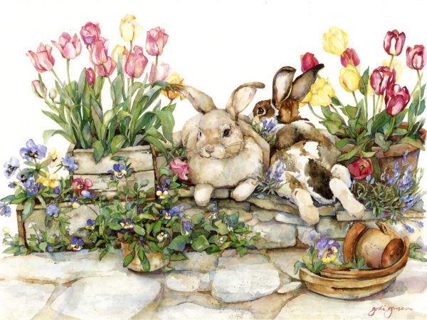 Кролик с цветами акварель