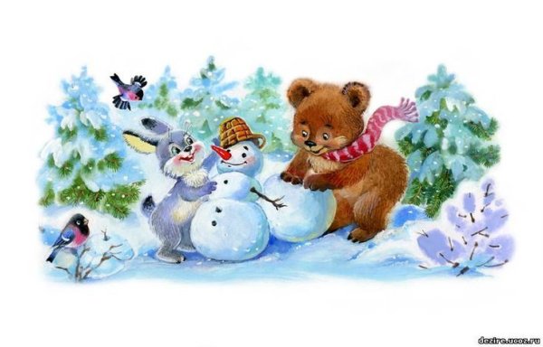 Новогодняя открытка медведь с зайцем