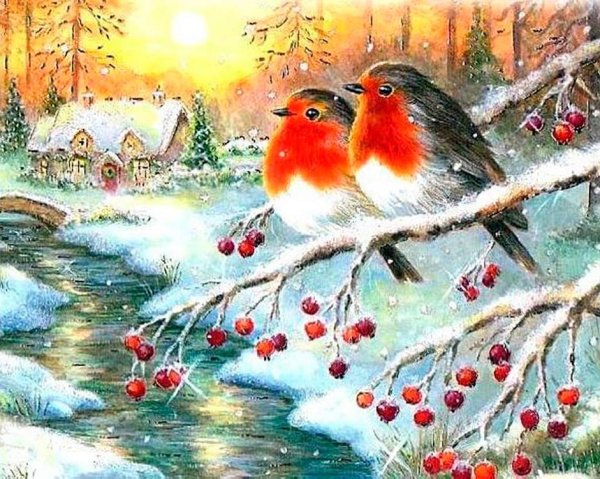 Пейзаж со снегирями