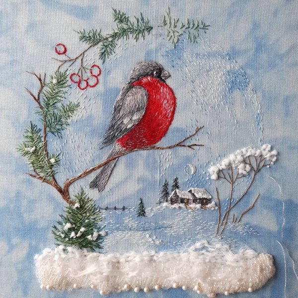 Вышивка с снегирями зимой
