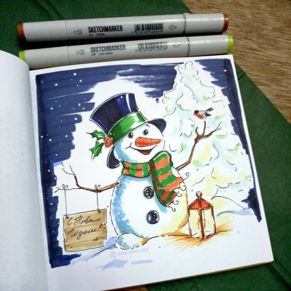 Новогодние скетчи маркерами
