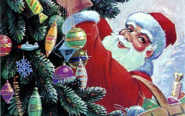 Дед Мороз наряжает елку