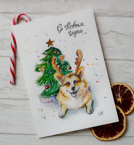 Корги акварель новый год
