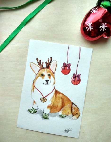 Новогодний корги акварелью