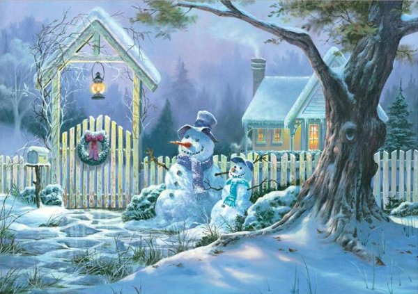 Зимний домик со снеговиком