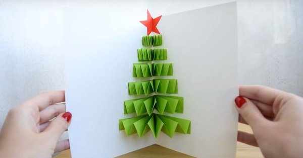 Открытка из объемной елочки из картона