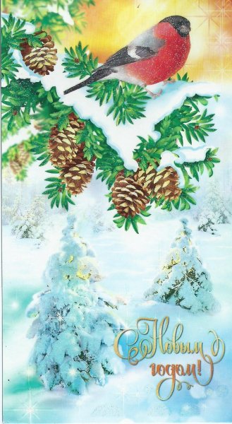 Новогодняя открытка со снигирям