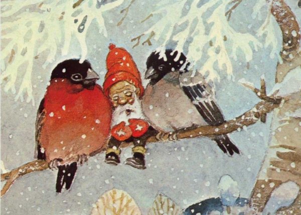 Новогодние открытки со снеговиком и птичками