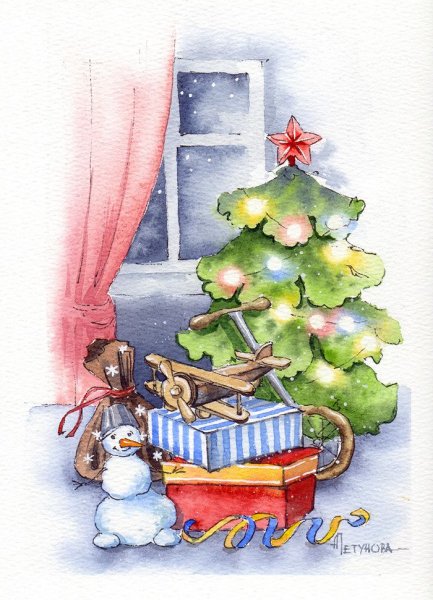 Новогодние открытки акварелью