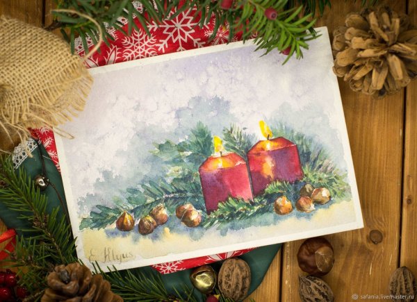 Легкая открытка на новый год акварелью