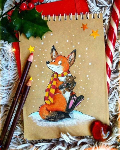 Новогодние иллюстрации цветными карандашами