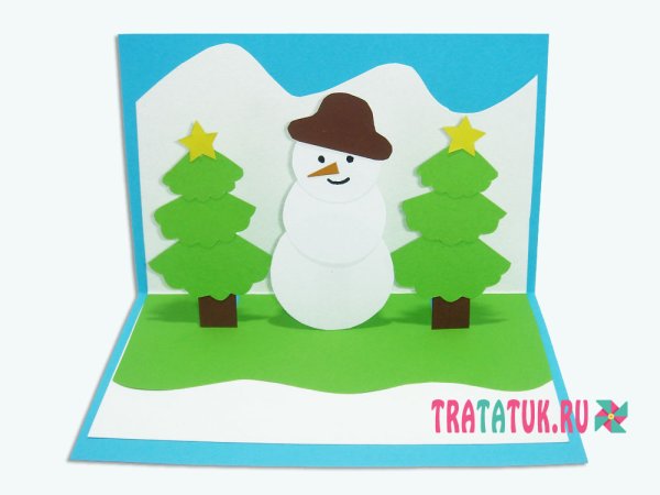 Открытка объемный Снеговик