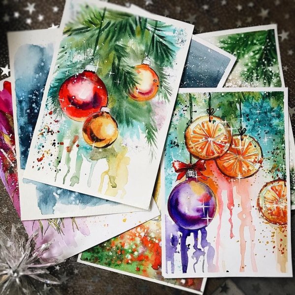 Идеи новогодних открыток акварелью простые