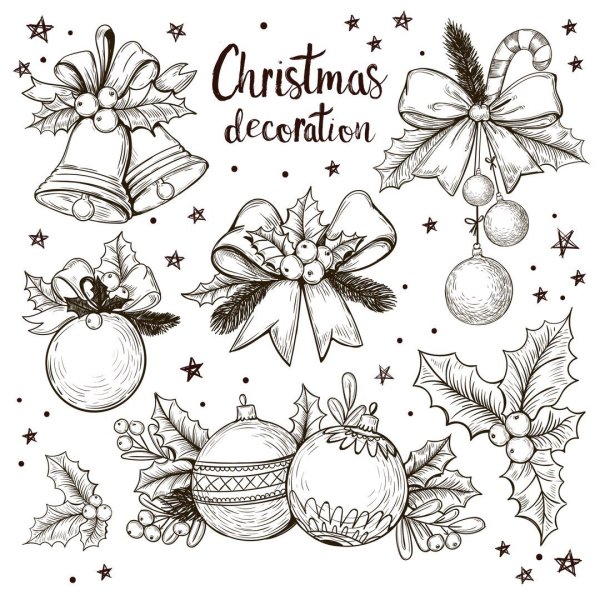 Много маленьких новогодних картинок черно белые