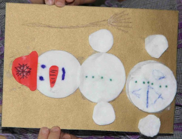 Аппликация Снеговик из ватных дисков