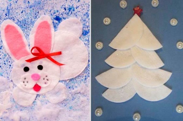 Аппликация Снеговик из ватных дисков