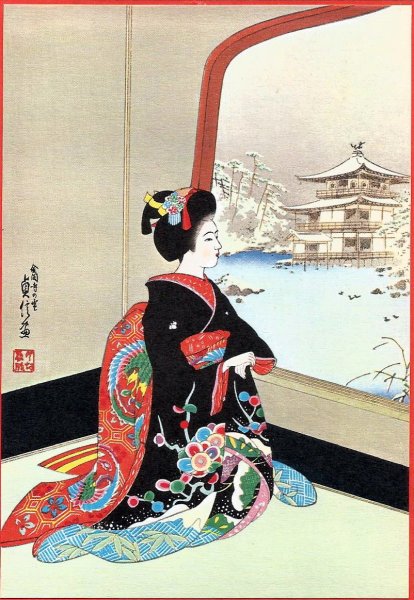 Японская гравюра гейши зима