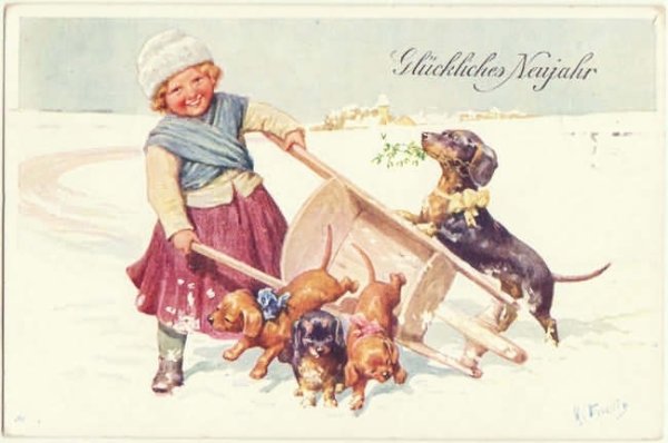 Открытка с новым годом такса везет сани