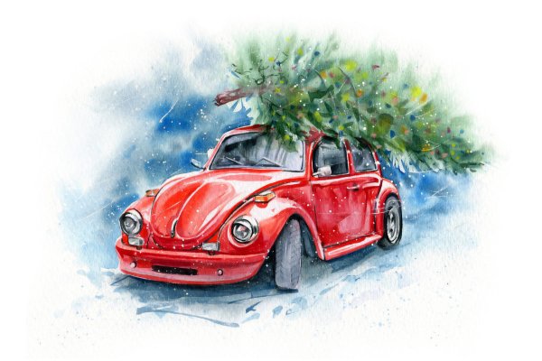 Новогодняя машина акварель