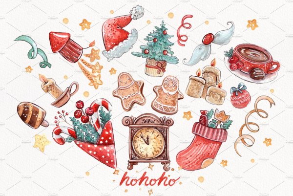 Новогодние атрибуты акварель