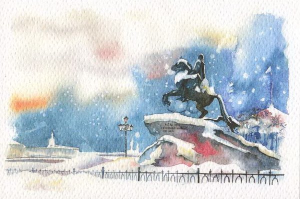 Медный всадник в Санкт-Петербурге акварель