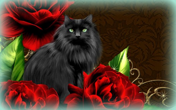 Коты и красные цветы