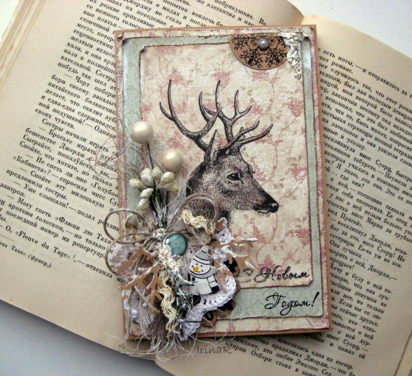 Новогодняя открытка с оленем Скрапбукинг