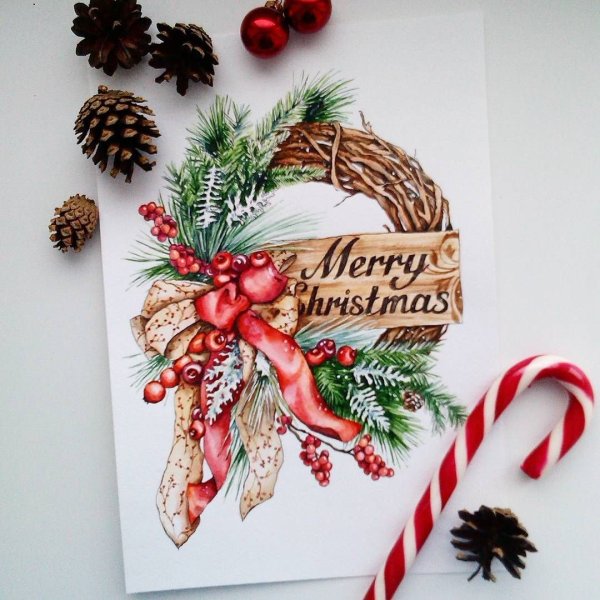 Акварельные открытки на новый год