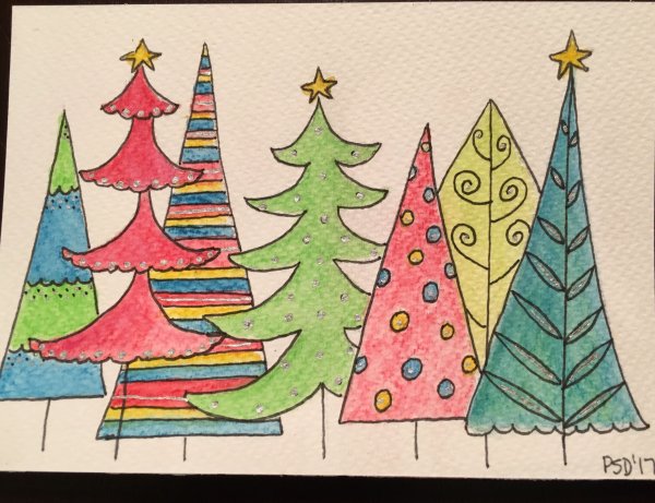 Новогодние открытки акварелью елка