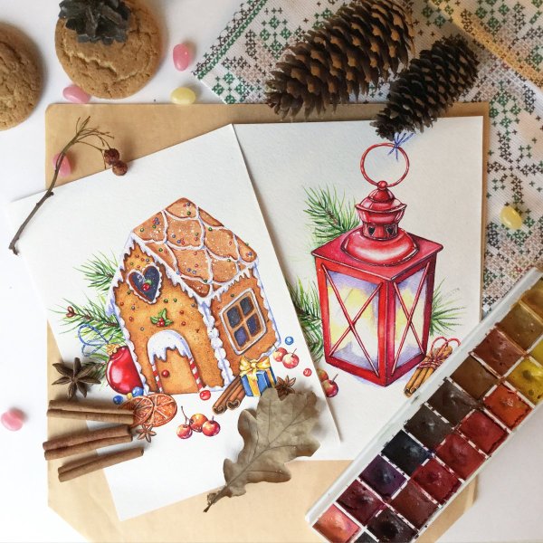 Акварельный скетч новый год