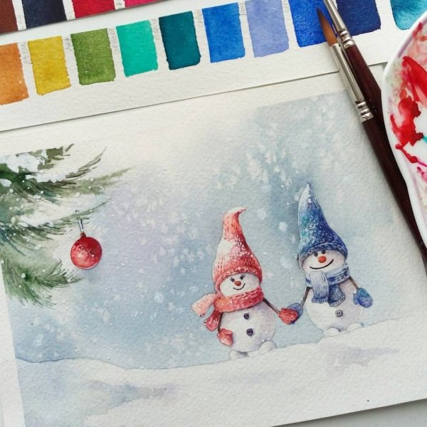 Идеи новогодних открыток акварелью простые
