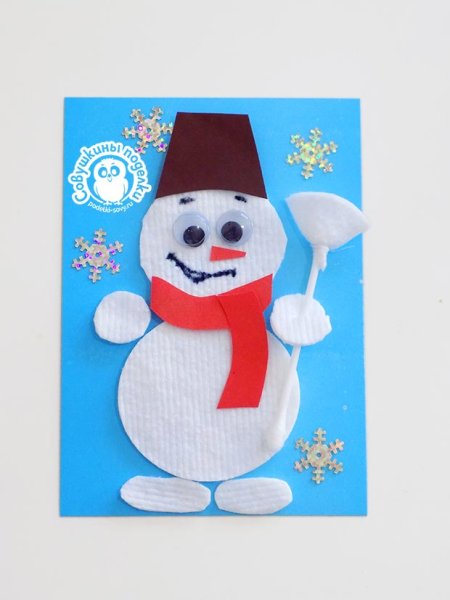 Аппликация Снеговик из ватных дисков