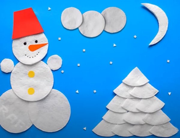Аппликация из ватных дисков Снеговик и елка